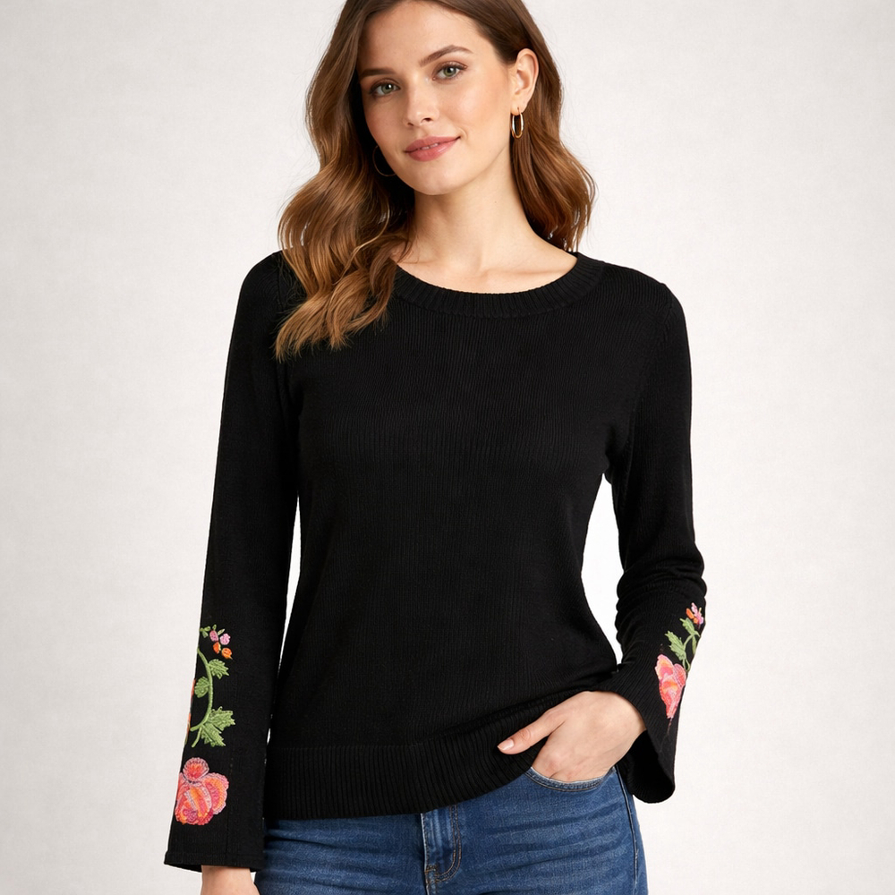Black Whimsigoth Embroidered Bell Sleeve Sweater Fairycore Gothic Boho Top S